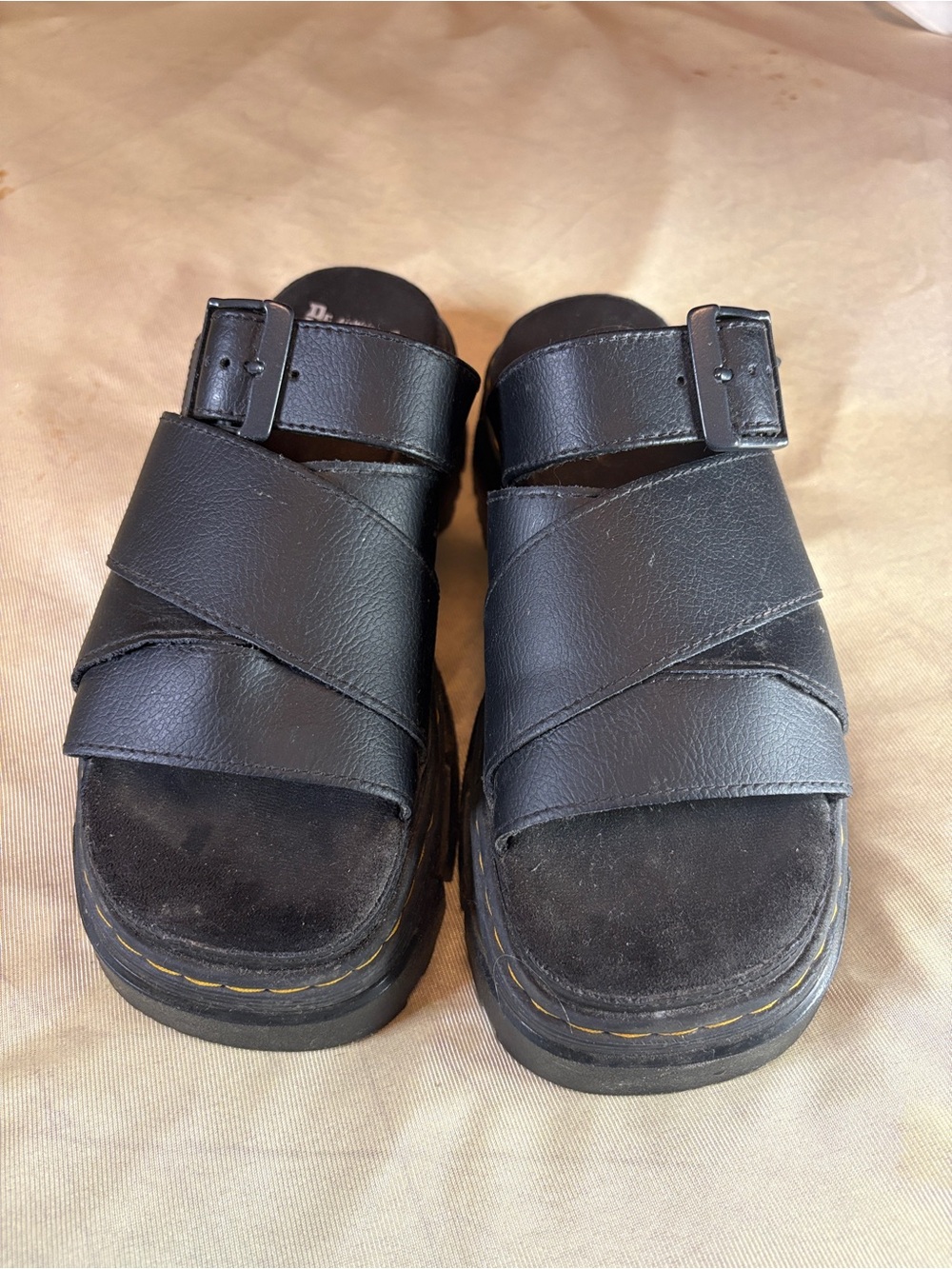 Dr. Martens Black Leather Buckle Slide Sandals with Yellow Stitching